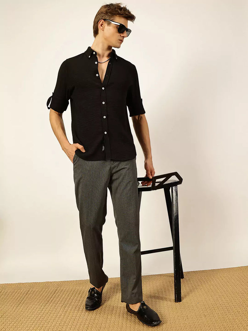 Thomas Scott Men Black Slim Fit Long Sleeves Button-Down Collar Polyester Casual Shirt