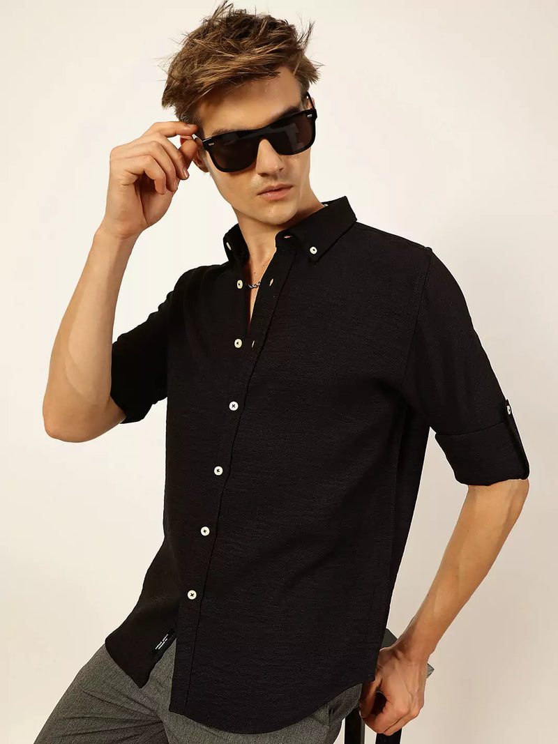 Thomas Scott Men Black Slim Fit Long Sleeves Button-Down Collar Polyester Casual Shirt