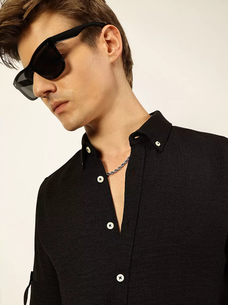 Thomas Scott Men Black Slim Fit Long Sleeves Button-Down Collar Polyester Casual Shirt