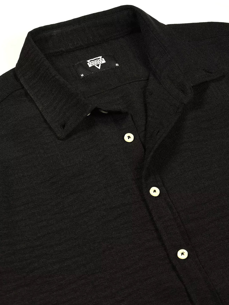 Thomas Scott Men Black Slim Fit Long Sleeves Button-Down Collar Polyester Casual Shirt