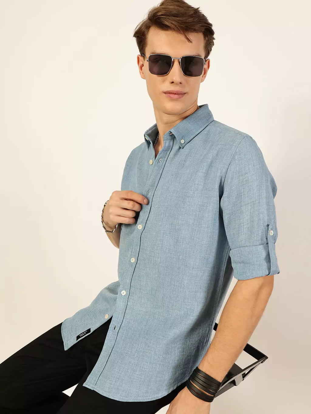 Thomas Scott Men Blue Slim Fit Long Sleeves Button-Down Collar Polyester Casual Shirt