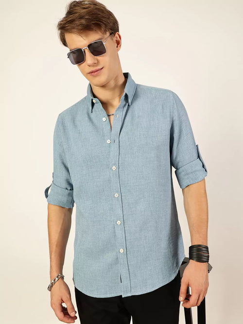 Thomas Scott Men Blue Slim Fit Long Sleeves Button-Down Collar Polyester Casual Shirt