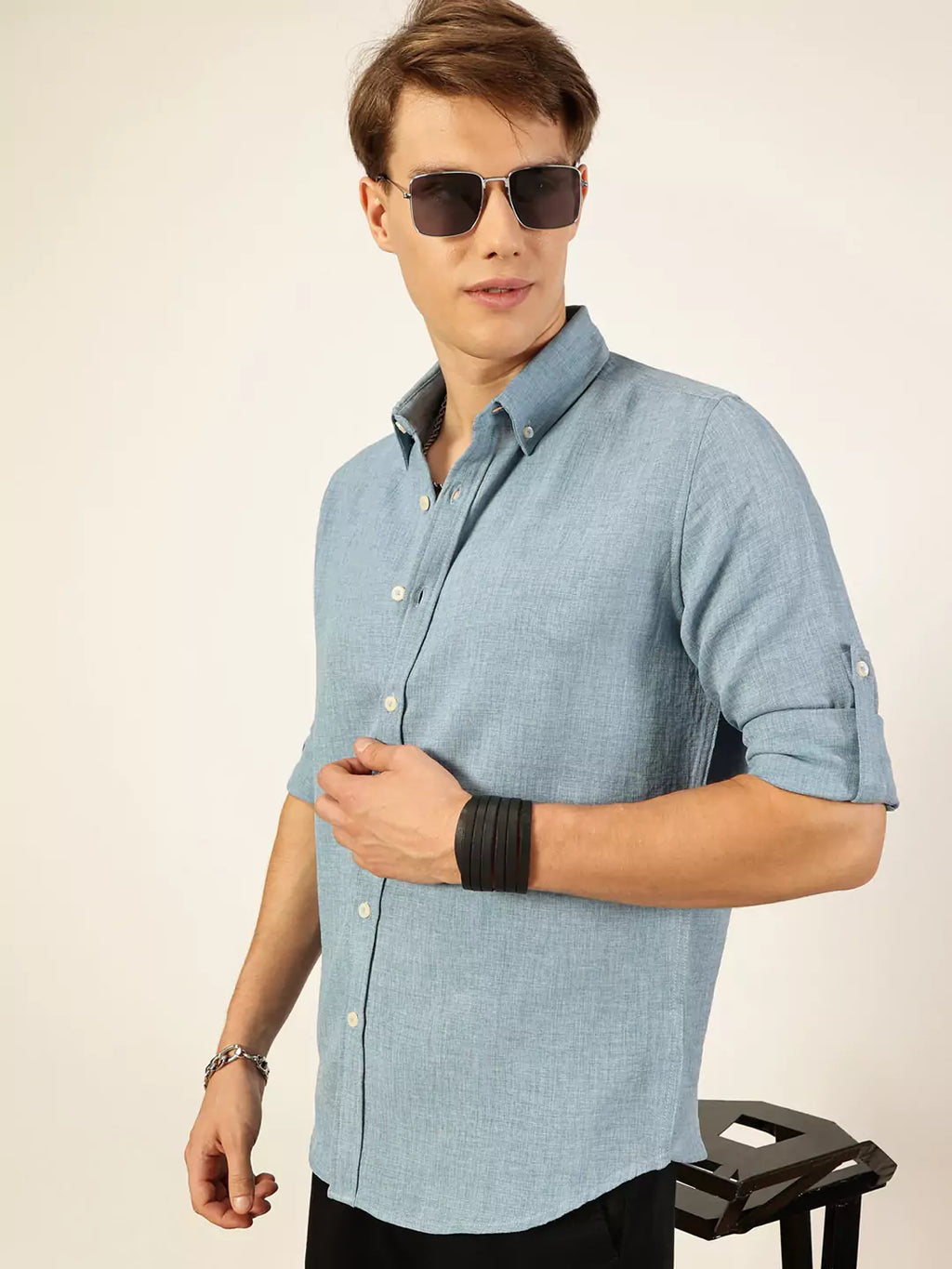 Thomas Scott Men Blue Slim Fit Long Sleeves Button-Down Collar Polyester Casual Shirt