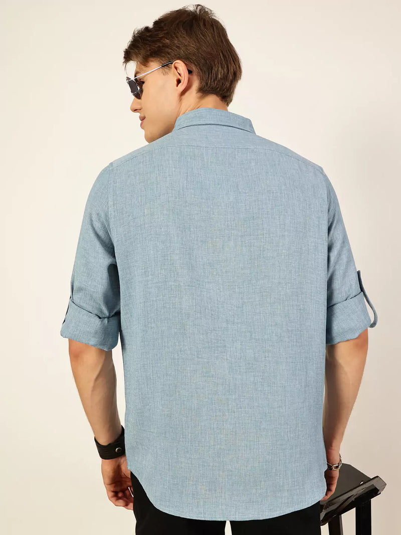 Thomas Scott Men Blue Slim Fit Long Sleeves Button-Down Collar Polyester Casual Shirt