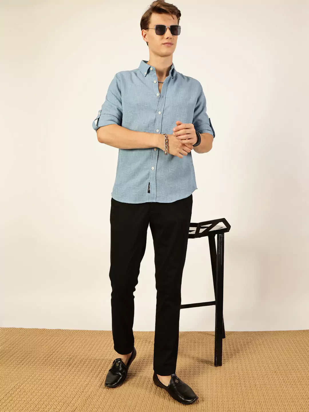 Thomas Scott Men Blue Slim Fit Long Sleeves Button-Down Collar Polyester Casual Shirt
