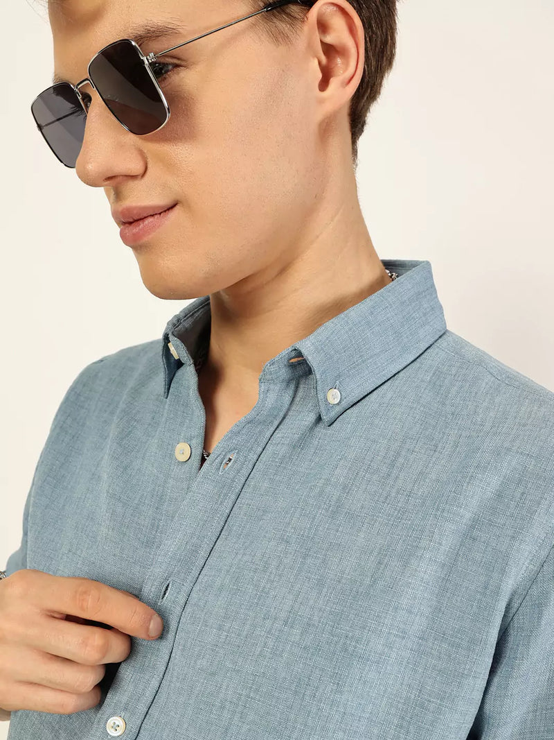 Thomas Scott Men Blue Slim Fit Long Sleeves Button-Down Collar Polyester Casual Shirt