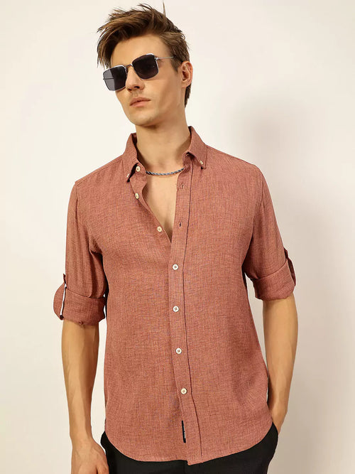 Thomas Scott Men Dark Pink Slim Fit Long Sleeves Button-Down Collar Polyester Casual Shirt