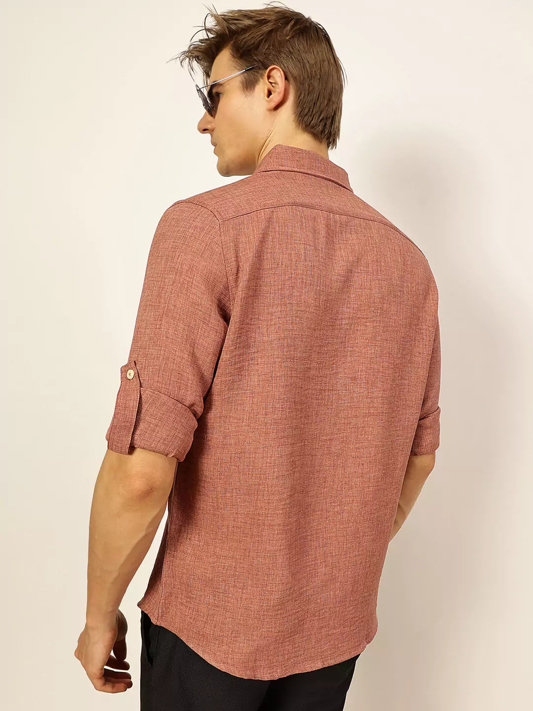 Thomas Scott Men Dark Pink Slim Fit Long Sleeves Button-Down Collar Polyester Casual Shirt