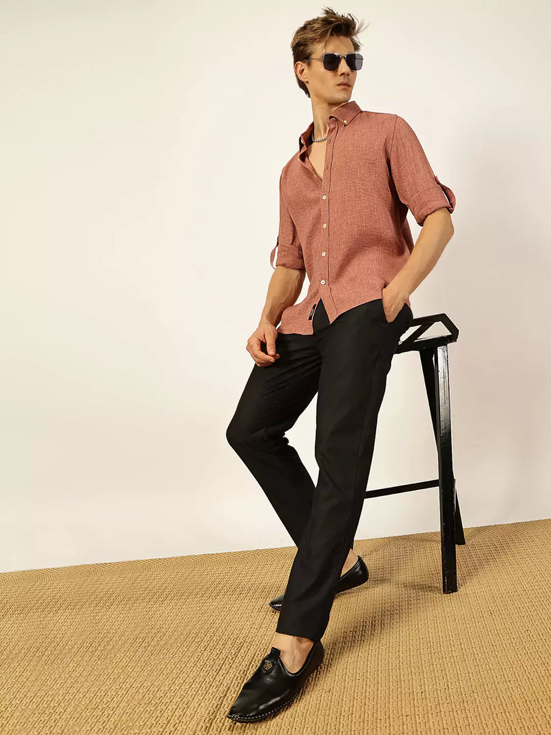 Thomas Scott Men Dark Pink Slim Fit Long Sleeves Button-Down Collar Polyester Casual Shirt