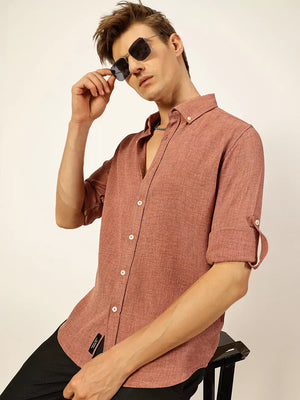 Thomas Scott Men Dark Pink Slim Fit Long Sleeves Button-Down Collar Polyester Casual Shirt