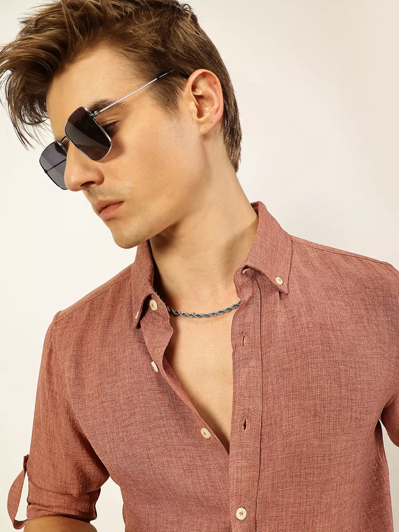 Thomas Scott Men Dark Pink Slim Fit Long Sleeves Button-Down Collar Polyester Casual Shirt