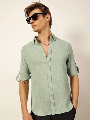 Thomas Scott Men Green Slim Fit Long Sleeves Button-Down Collar Polyester Casual Shirt