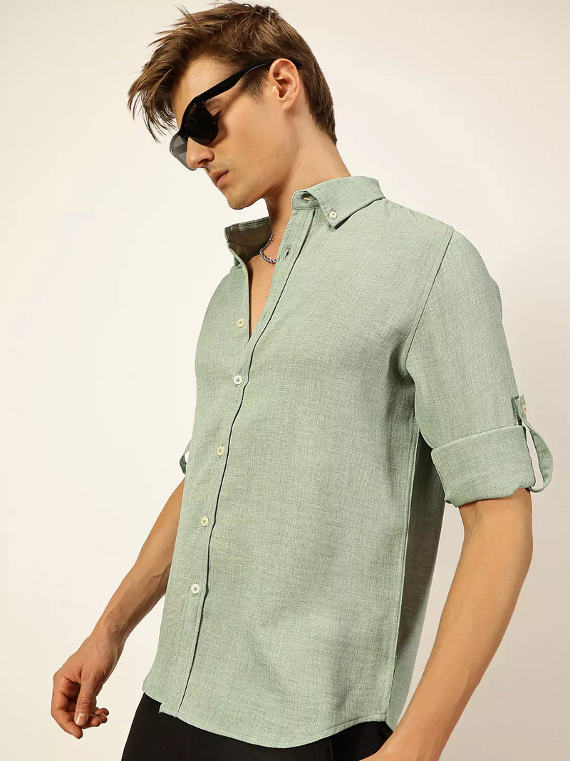 Thomas Scott Men Green Slim Fit Long Sleeves Button-Down Collar Polyester Casual Shirt