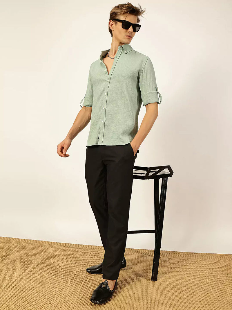 Thomas Scott Men Green Slim Fit Long Sleeves Button-Down Collar Polyester Casual Shirt