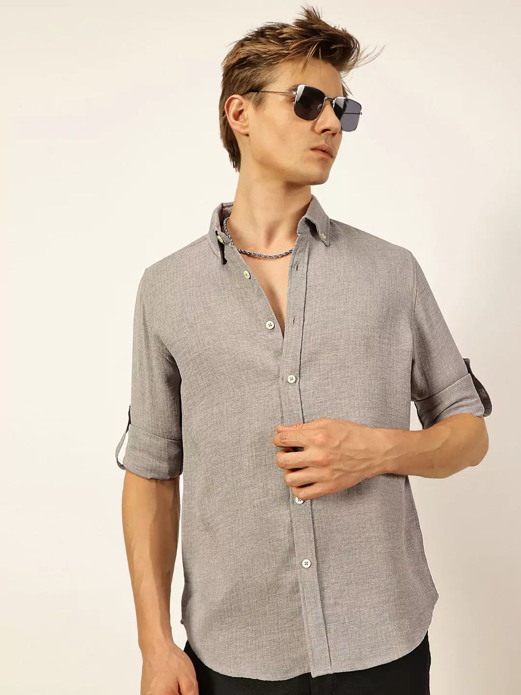Thomas Scott Men Grey Slim Fit Long Sleeves Button-Down Collar Polyester Casual Shirt