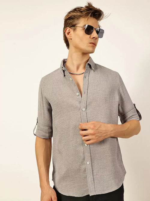 Thomas Scott Men Grey Slim Fit Long Sleeves Button-Down Collar Polyester Casual Shirt