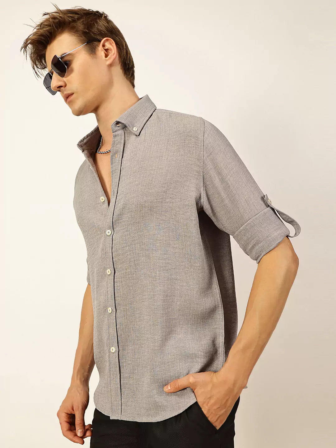 Thomas Scott Men Grey Slim Fit Long Sleeves Button-Down Collar Polyester Casual Shirt