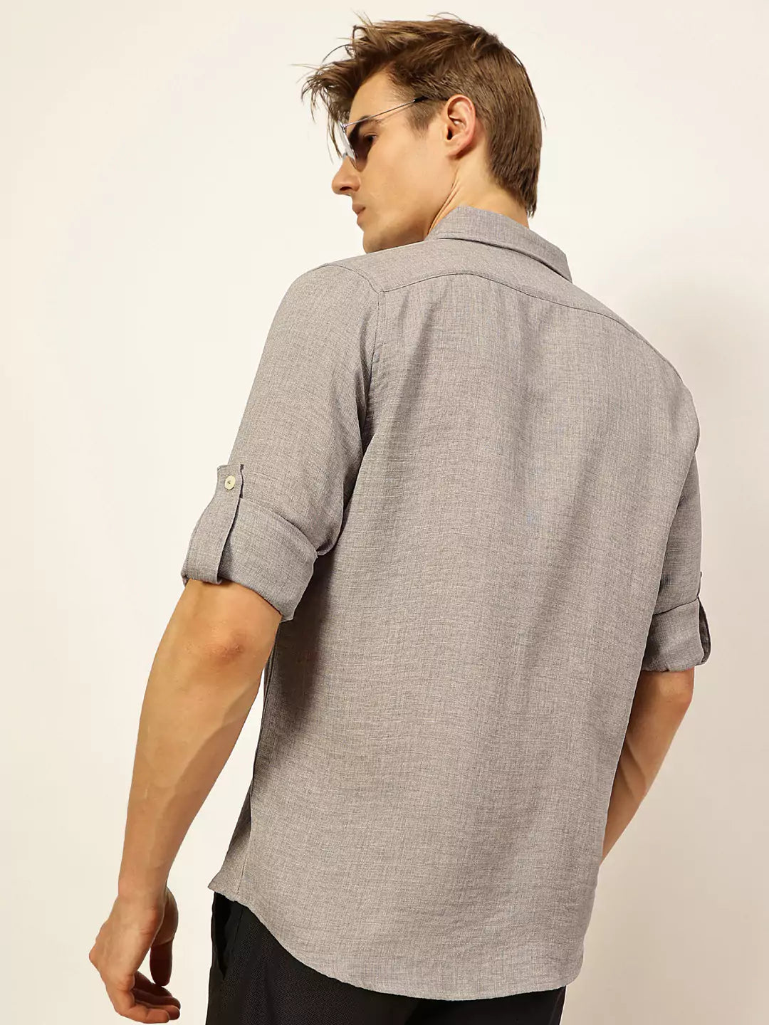 Thomas Scott Men Grey Slim Fit Long Sleeves Button-Down Collar Polyester Casual Shirt