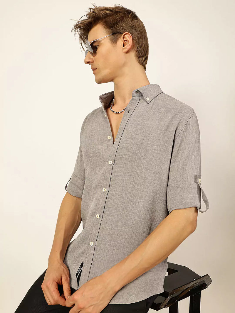 Thomas Scott Men Grey Slim Fit Long Sleeves Button-Down Collar Polyester Casual Shirt