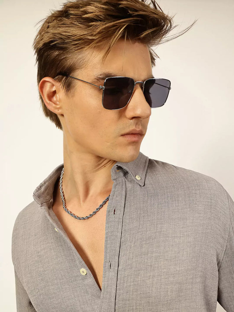 Thomas Scott Men Grey Slim Fit Long Sleeves Button-Down Collar Polyester Casual Shirt