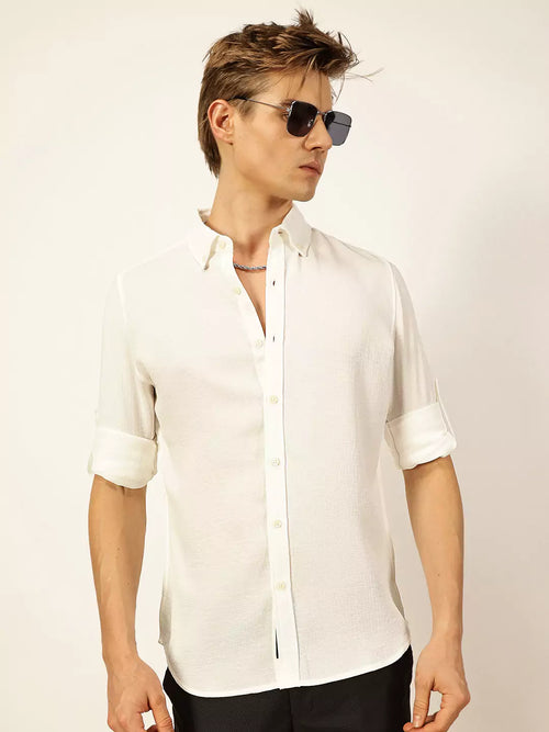 Thomas Scott Men White Slim Fit Long Sleeves Button-Down Collar Polyester Casual Shirt