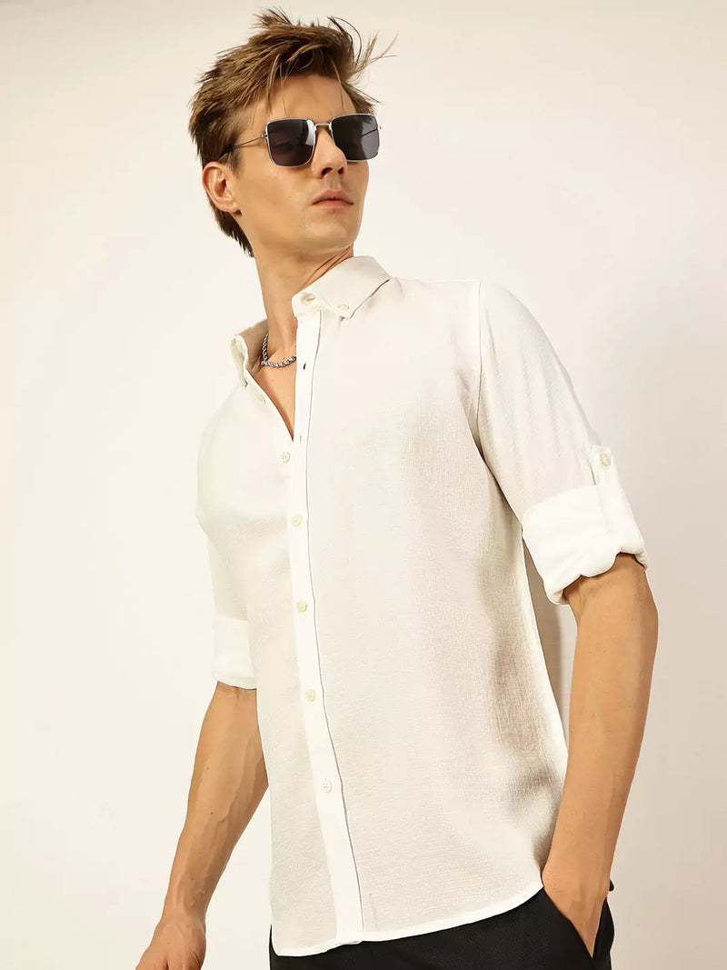 Thomas Scott Men White Slim Fit Long Sleeves Button-Down Collar Polyester Casual Shirt
