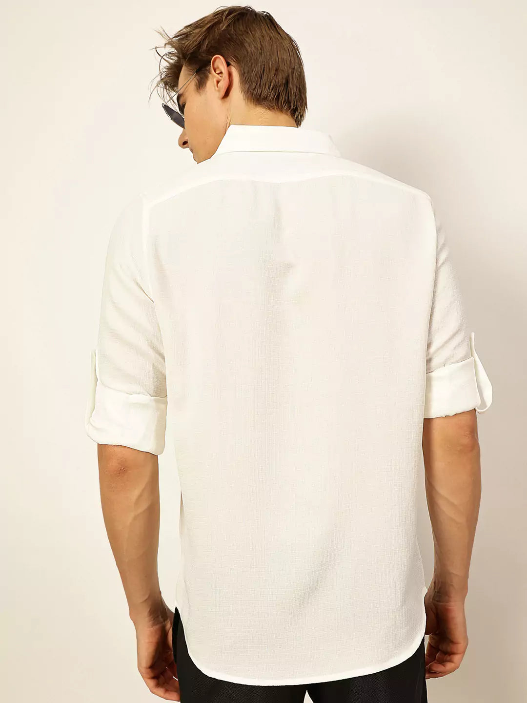 Thomas Scott Men White Slim Fit Long Sleeves Button-Down Collar Polyester Casual Shirt