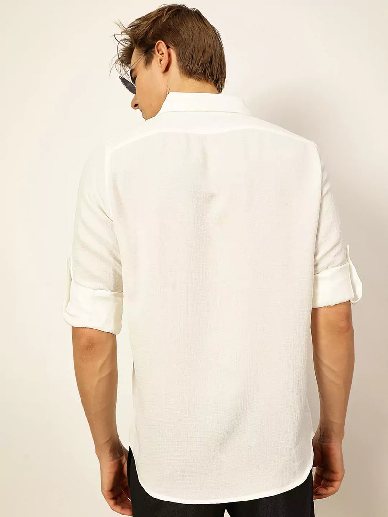 Thomas Scott Men White Slim Fit Long Sleeves Button-Down Collar Polyester Casual Shirt