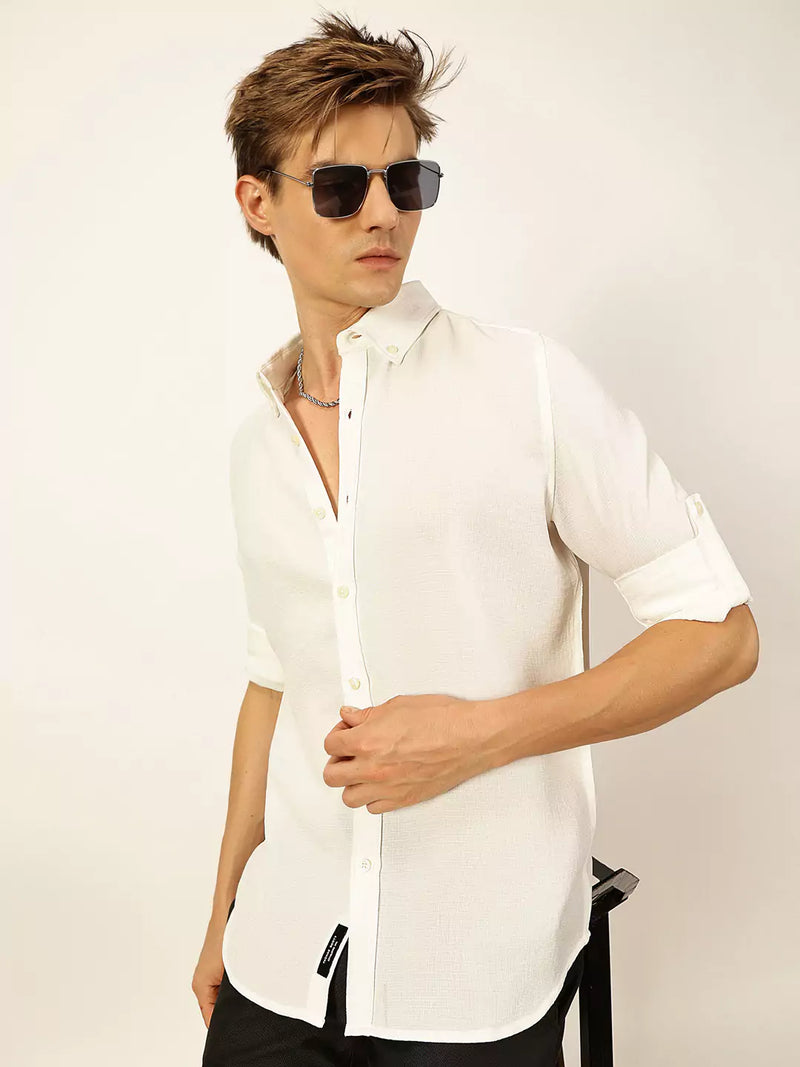 Thomas Scott Men White Slim Fit Long Sleeves Button-Down Collar Polyester Casual Shirt