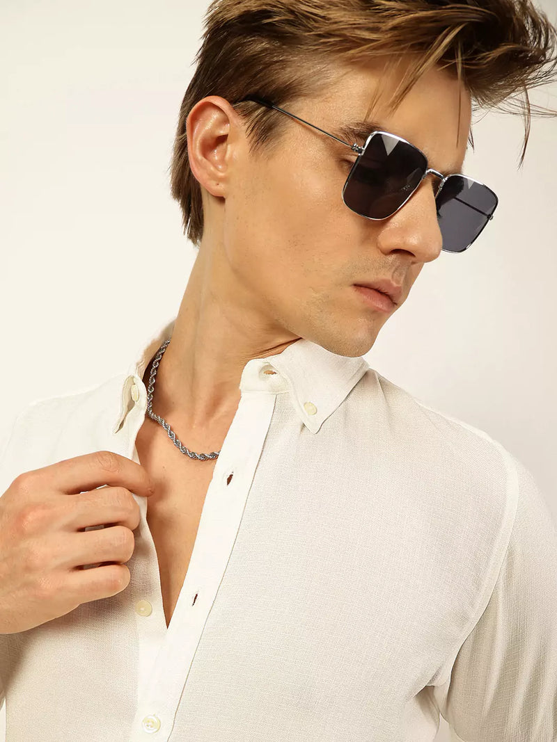 Thomas Scott Men White Slim Fit Long Sleeves Button-Down Collar Polyester Casual Shirt