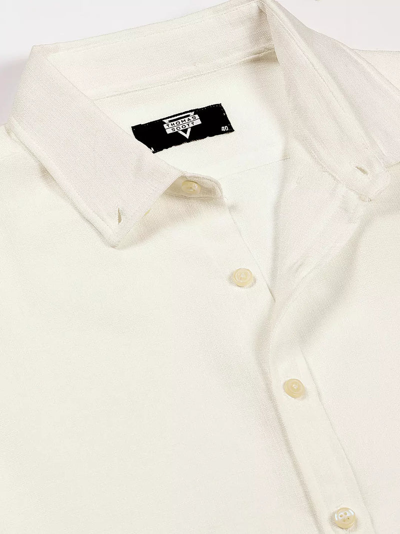Thomas Scott Men White Slim Fit Long Sleeves Button-Down Collar Polyester Casual Shirt