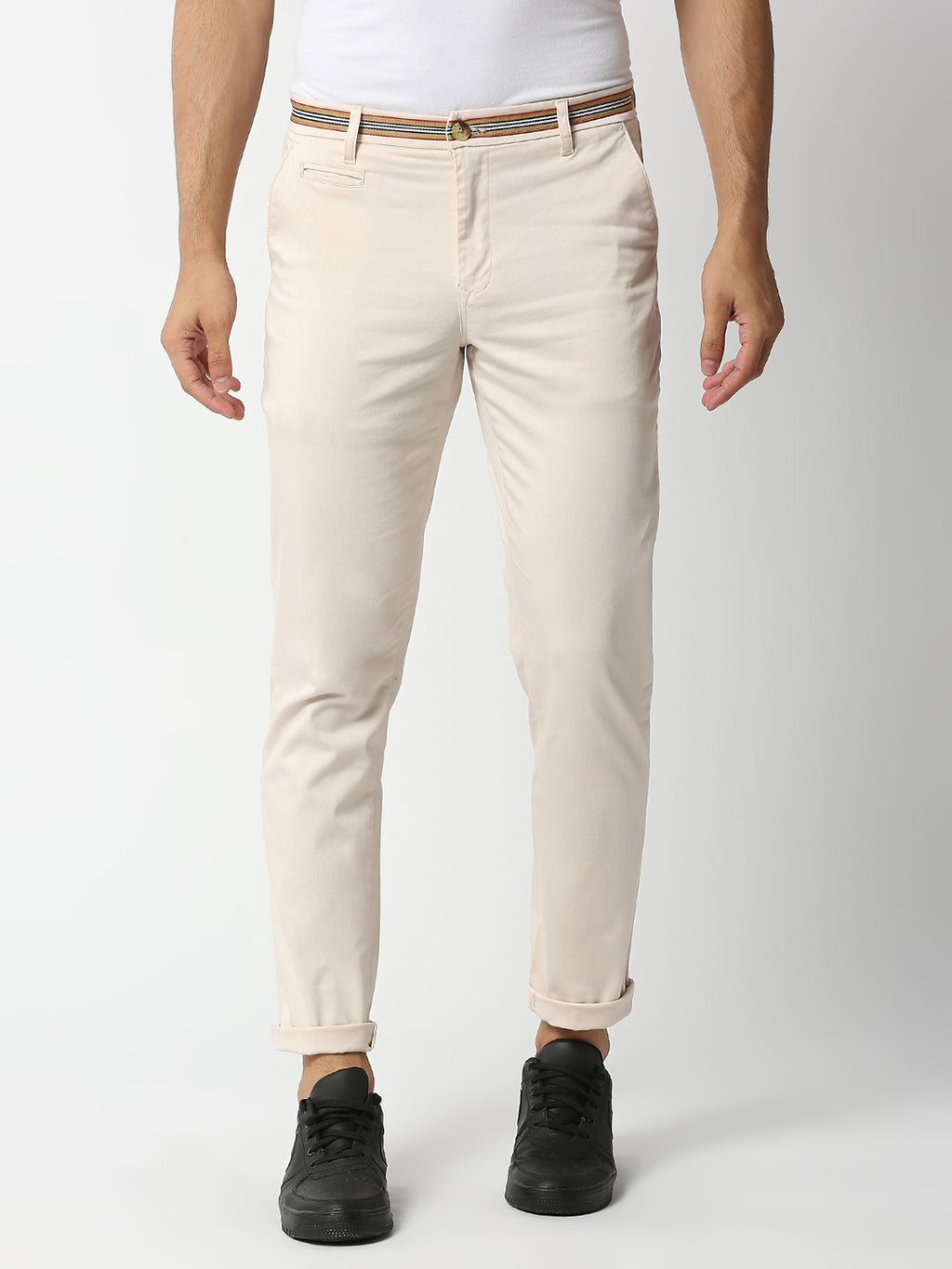 Thomas Scott Men Cream-Coloured Slim Fit Chinos Trousers