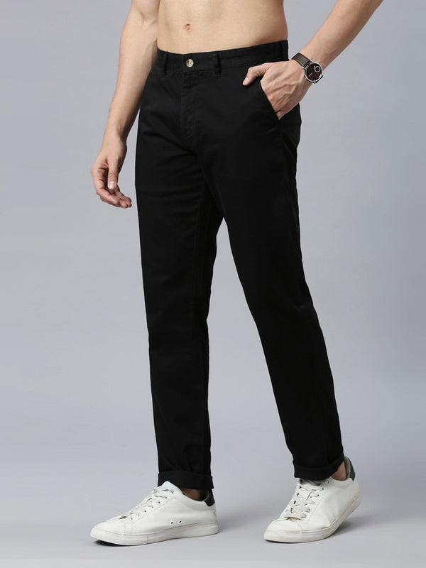 Black Classic Slim Fit Mid-Rise Solid Woven Chinos Trouser  For Men