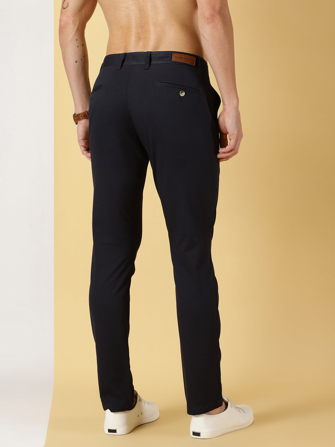 Thomas Scott Men Navy Regular Fit Mid-Rise Solid Woven Chinos Trouser