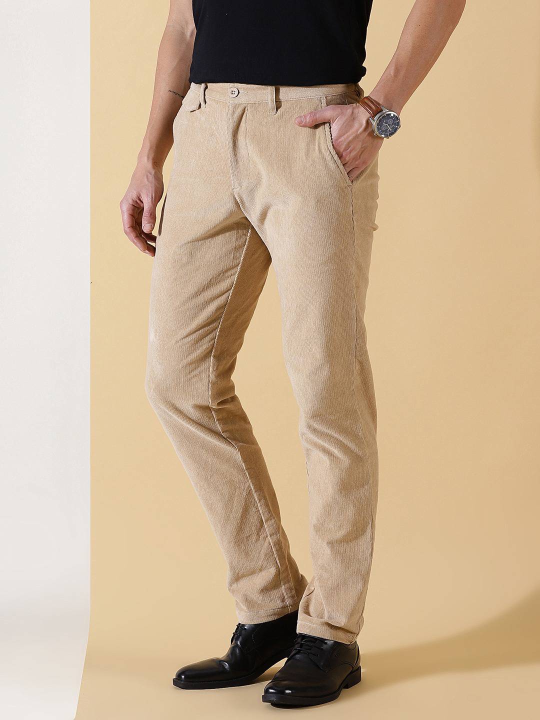 Thomas Scott Men Textured Smart Slim Fit Easy Wash Corduroy Chinos