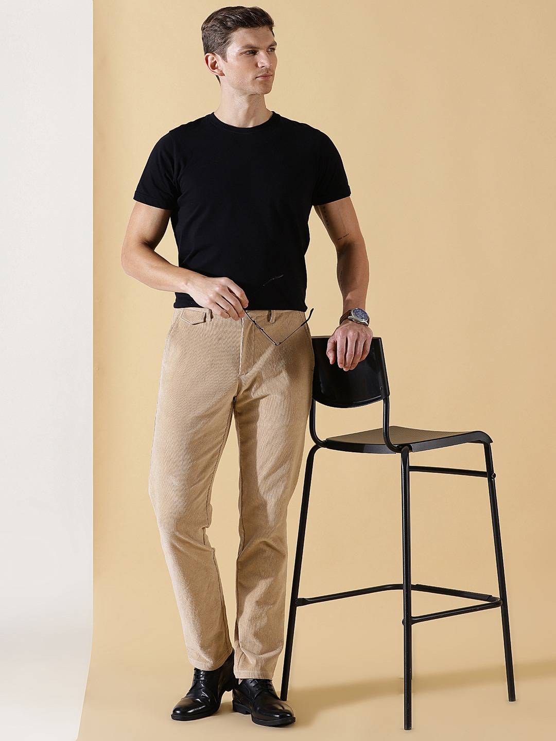 Thomas Scott Men Textured Smart Slim Fit Easy Wash Corduroy Chinos