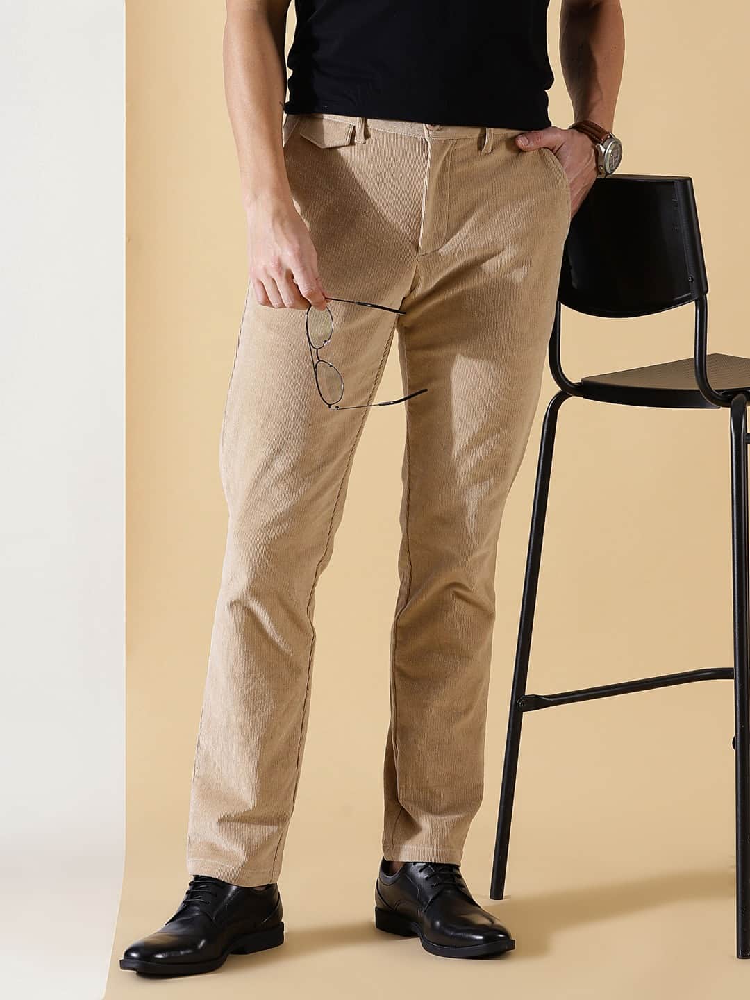 Thomas Scott Men Textured Smart Slim Fit Easy Wash Corduroy Chinos