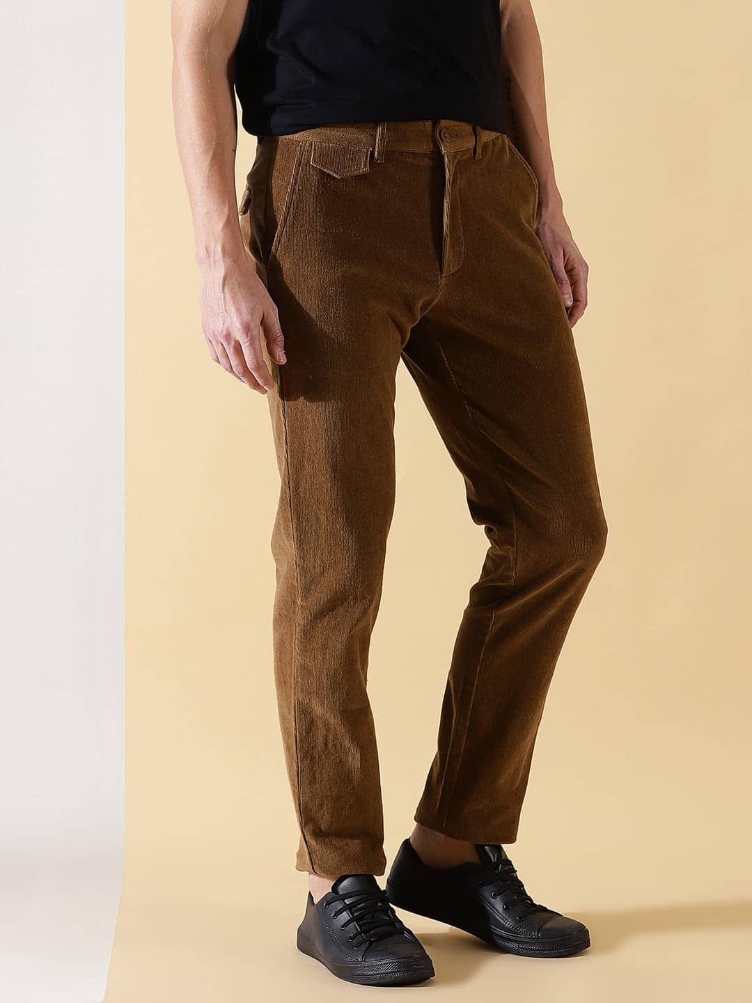 Thomas Scott Men Textured Smart Slim Fit Easy Wash Corduroy Chinos Trousers
