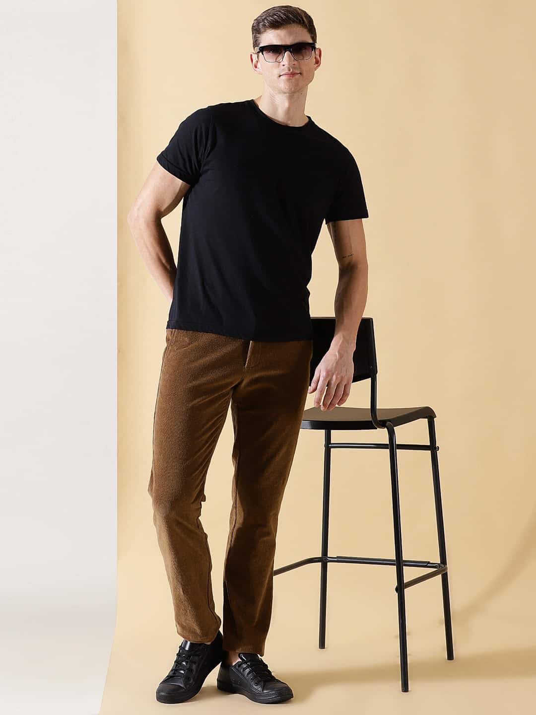 Thomas Scott Men Textured Smart Slim Fit Easy Wash Corduroy Chinos Trousers