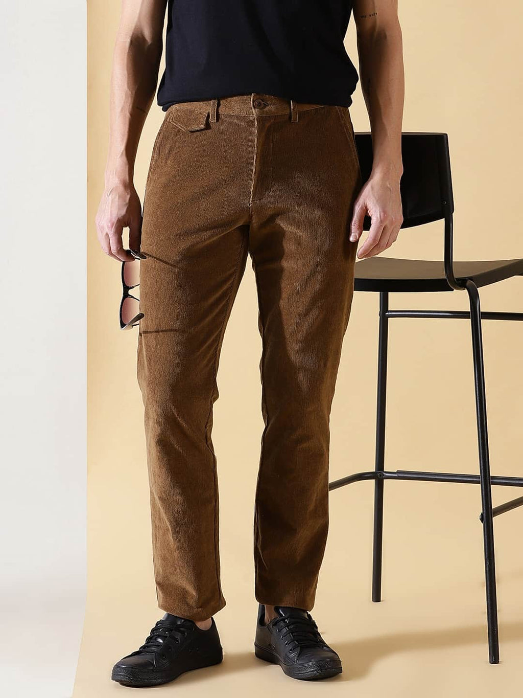 Thomas Scott Men Textured Smart Slim Fit Easy Wash Corduroy Chinos Trousers