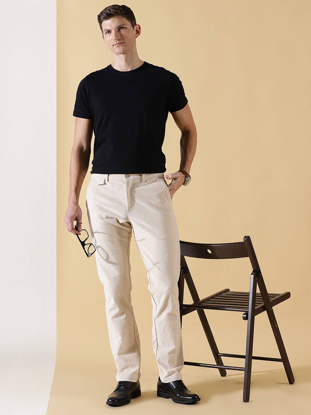Thomas Scott Men Textured Smart Slim Fit Easy Wash Corduroy Chinos Trousers