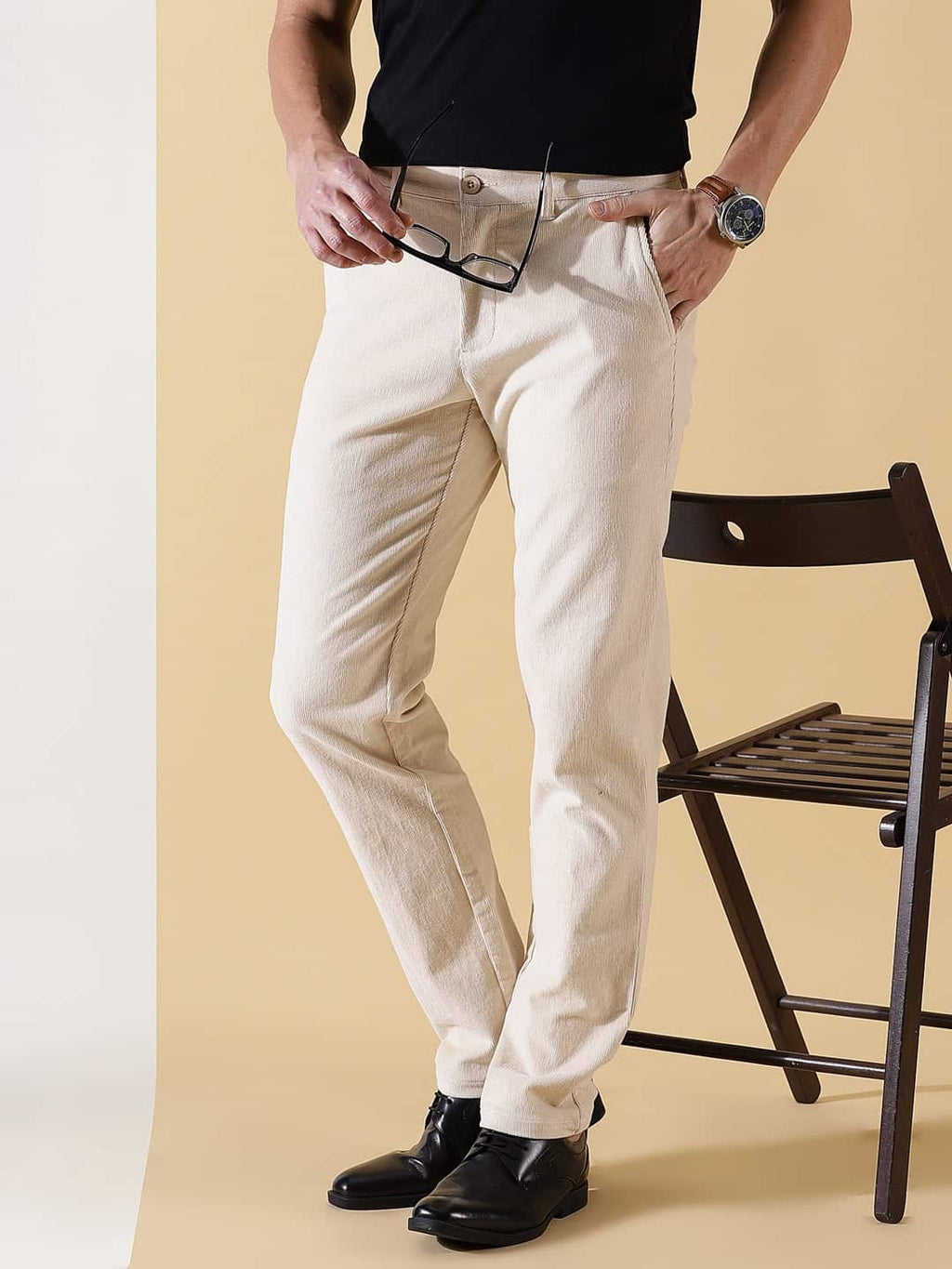 Thomas Scott Men Textured Smart Slim Fit Easy Wash Corduroy Chinos Trousers