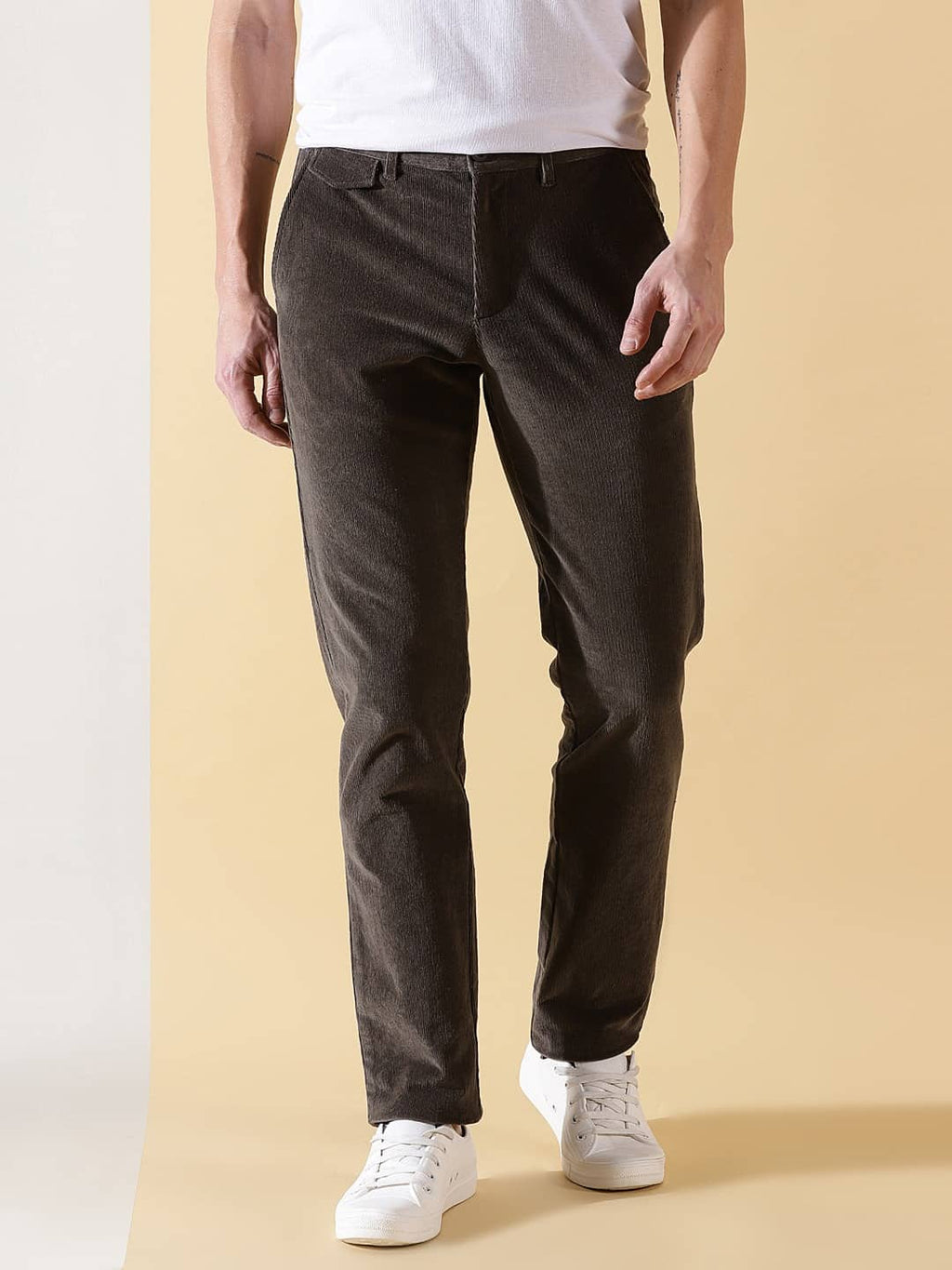 Thomas Scott Men Textured Smart Slim Fit Easy Wash Corduroy Chinos Trousers