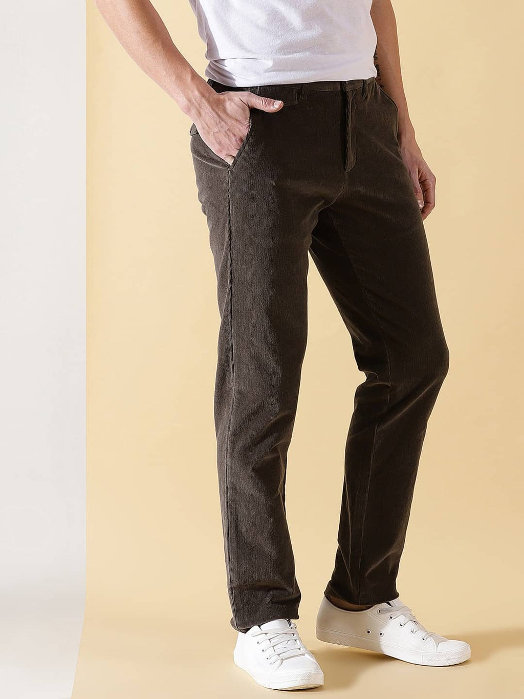 Thomas Scott Men Textured Smart Slim Fit Easy Wash Corduroy Chinos Trousers