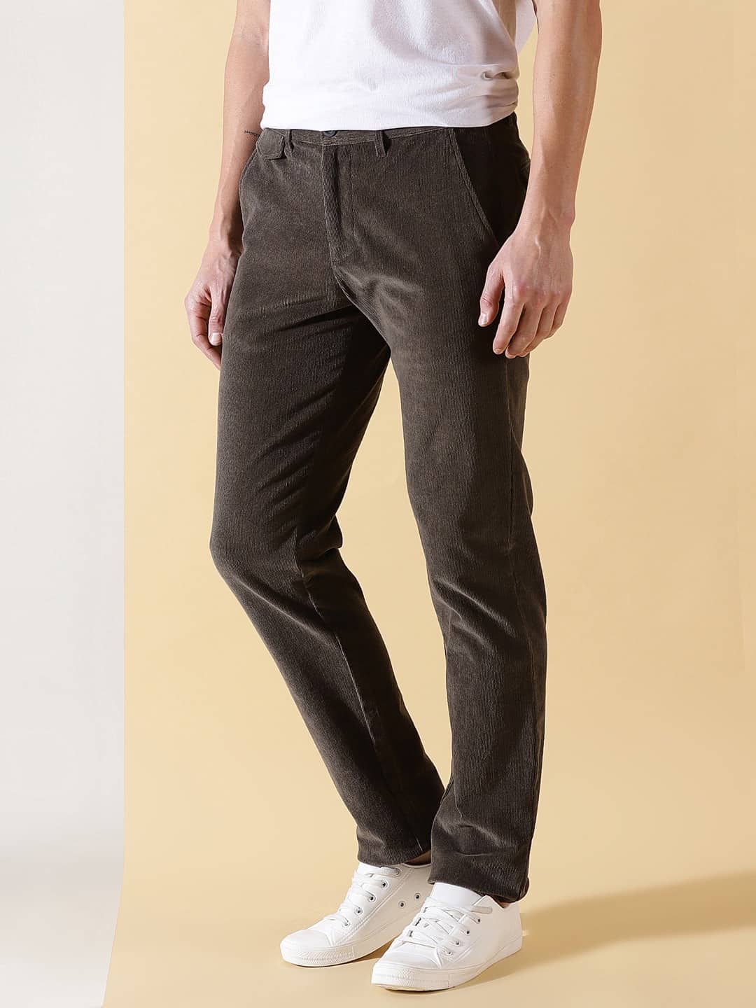 Thomas Scott Men Textured Smart Slim Fit Easy Wash Corduroy Chinos Trousers
