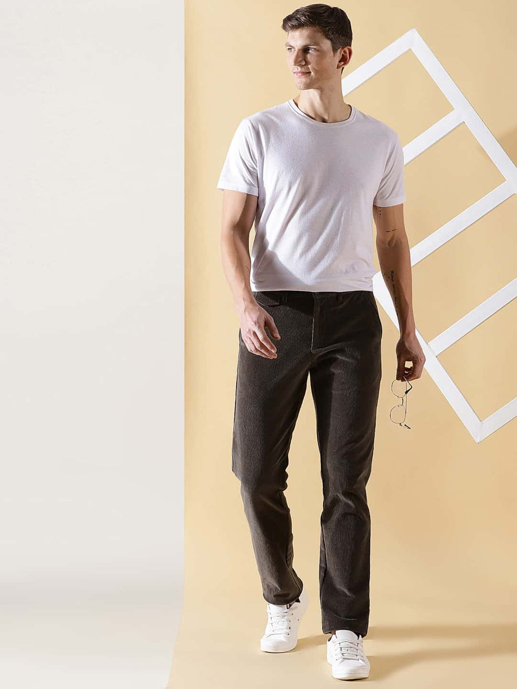 Thomas Scott Men Textured Smart Slim Fit Easy Wash Corduroy Chinos Trousers