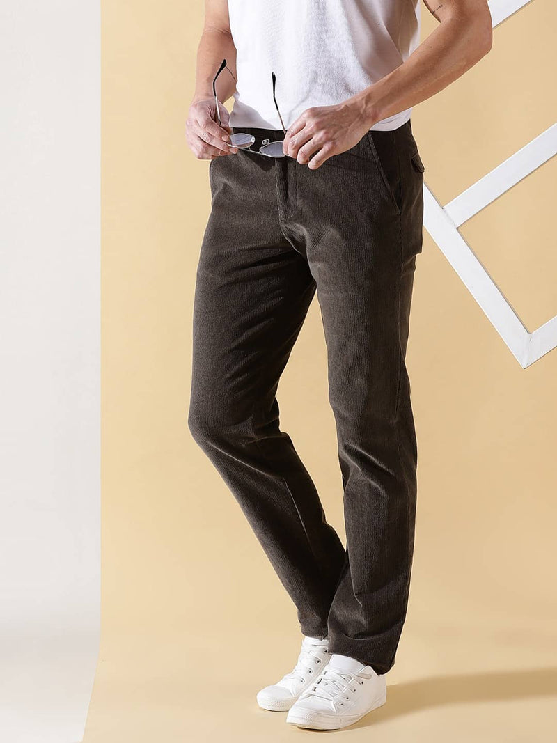 Thomas Scott Men Textured Smart Slim Fit Easy Wash Corduroy Chinos Trousers