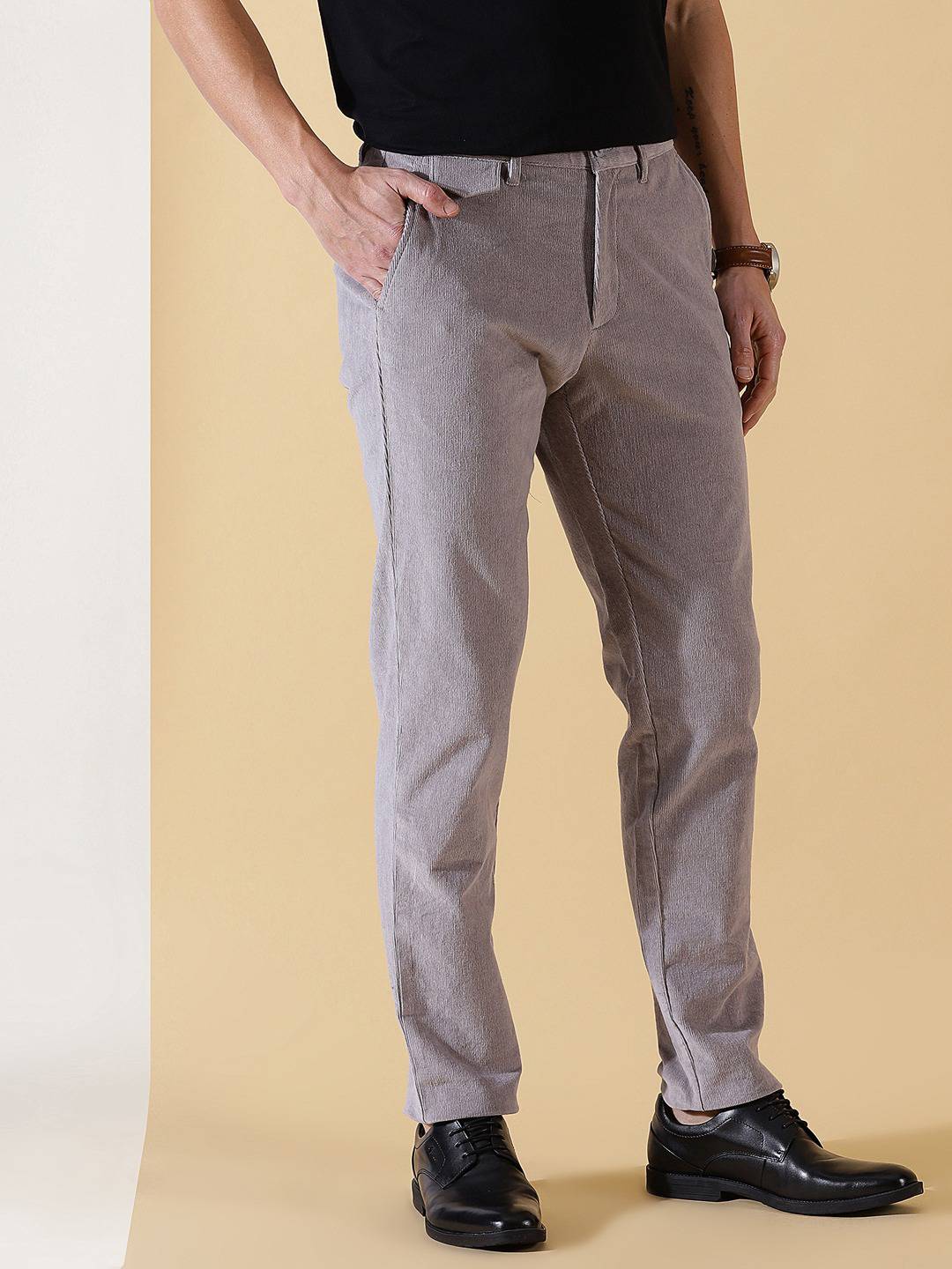 Thomas Scott Men Textured Smart Slim Fit Easy Wash Corduroy Chinos Trousers