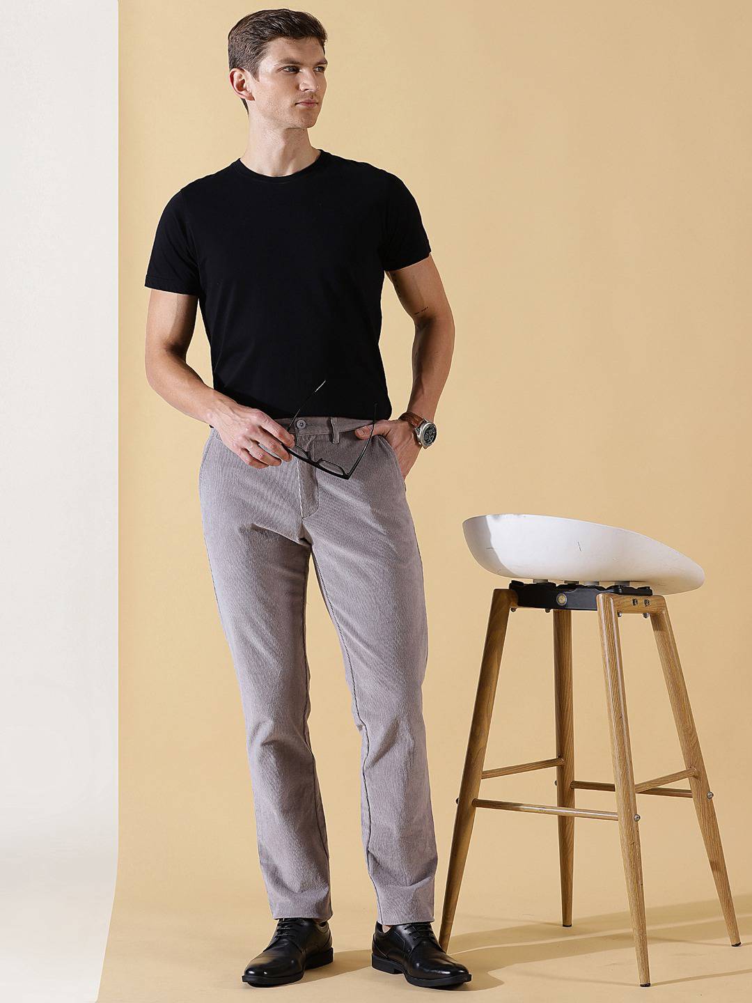 Thomas Scott Men Textured Smart Slim Fit Easy Wash Corduroy Chinos Trousers