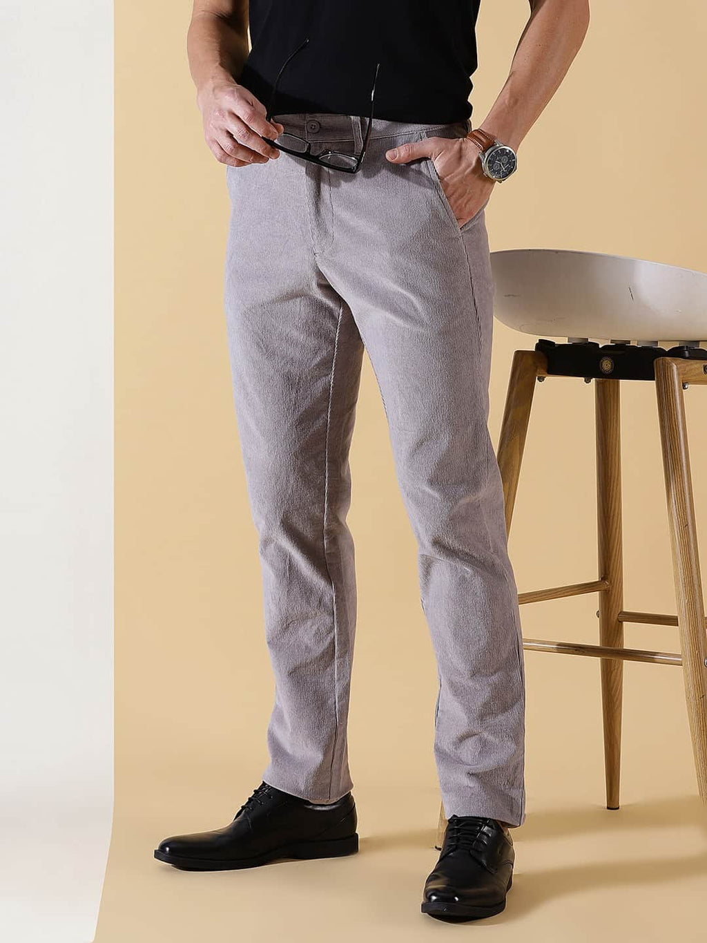 Thomas Scott Men Textured Smart Slim Fit Easy Wash Corduroy Chinos Trousers